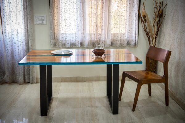 Handmade Epoxy Resin Dining Table - Straight Edges, Blue Color Pigment - Image 4